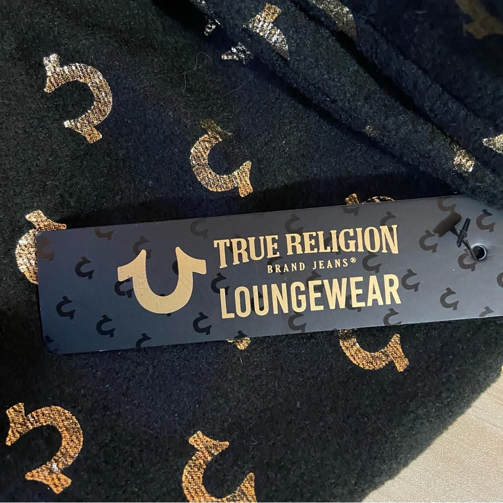 NWT True Religion Fleece Pajama Lounge Pants Black/Gold Unisex Comfy Size Large